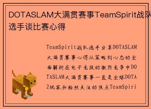 DOTASLAM大满贯赛事TeamSpirit战队选手谈比赛心得