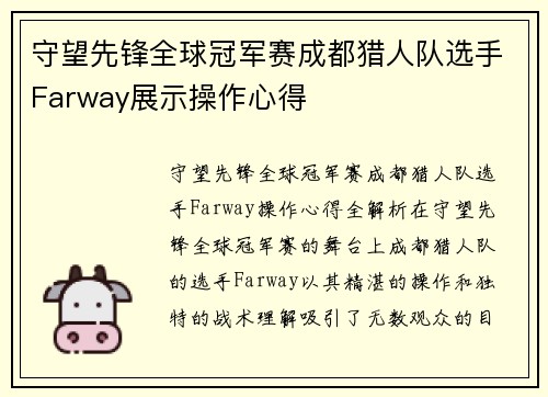 守望先锋全球冠军赛成都猎人队选手Farway展示操作心得
