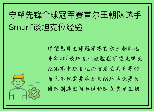 守望先锋全球冠军赛首尔王朝队选手Smurf谈坦克位经验